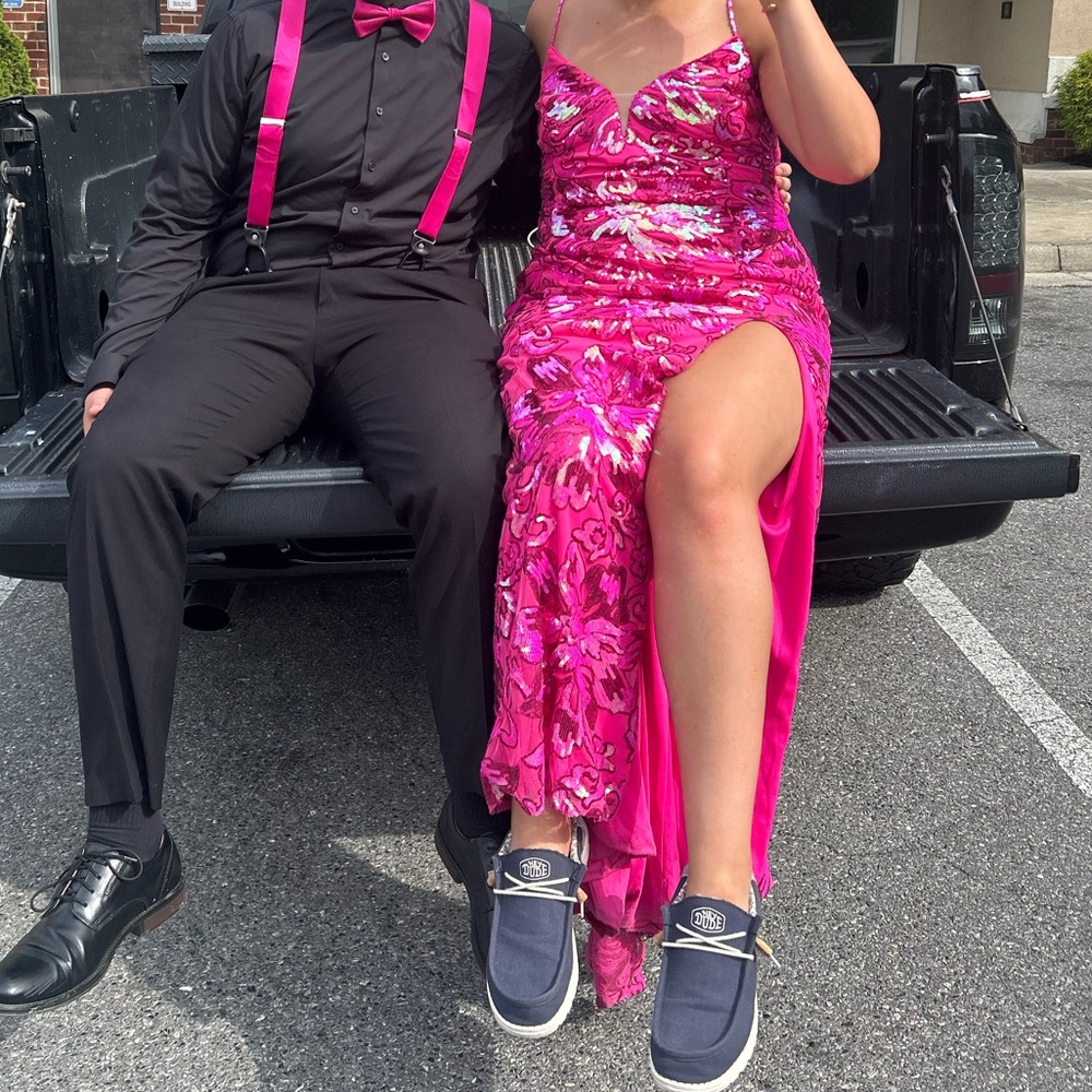 Unique, pink, color shifting, flowered, prom dress with open strappy back